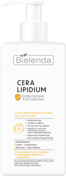 Bielenda Cera Lipidum emulsja do ciała, biała butelka z pompką. Odbudowa i ochrona dla bardzo suchej skóry.