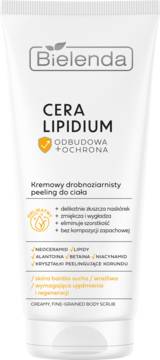 Bielenda CERA LIPIDIUM kremowy drobnoziarnisty peeling do ciała, biała tuba z napisem ODBUDOWA + OCHRONA, widok z przodu.