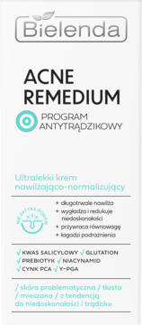 Bielenda ACNE REMEDIUM krem nawilżająco-normalizujący do cery trądzikowej, biały kartonik, turkusowe logo, przód.