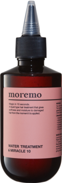 moremo Water Treatment Miracle 10, woda lamelarna. Ciemna butelka z różową etykietą i transparentnym aplikatorem, widok z przodu.