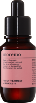 moremo WATER TREATMENT MIRACLE 10, regenerująca woda lamelarna, ciemna butelka z kroplomierzem, różowa etykieta, widok z przodu.