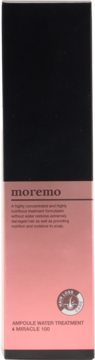 Moremo Ampoule Water Treatment & Miracle 100, czarno-różowe opakowanie kuracji do włosów, widok z przodu, białe napisy.
