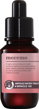 moremo Ampoule Water Treat & Miracle 100, brązowa butelka z kroplomierzem i różową etykietą, przód.