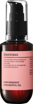 Moremo Hair Essence & Delightful Oil w ciemnobrązowej butelce z pompką, różowa etykieta, widok z przodu.