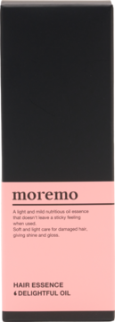 moremo Hair Essence Delightful Oil w czarno-różowym kartoniku, widok z przodu z opisem produktu.