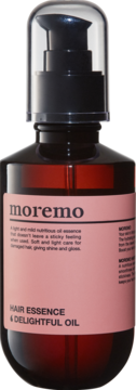 Moremo Hair Essence & Delightful Oil do włosów, brązowa butelka z pompką i różową etykietą, widok z przodu.