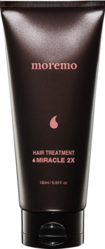 moremo HAIR TREATMENT 6 MIRACLE 2X, regenerująca maska w ciemnobrązowej tubie, różowe napisy, widok z przodu.