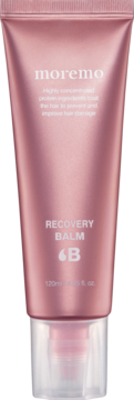 Moremo Recovery Balm, front różowo-złotej tubki 120ml. Bezspłukiwana odżywka proteinowa do włosów.