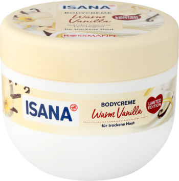 Biały słoik kremu ISANA Warme Vanilla, edycja limitowana do suchej skóry, z grafiką wanilii, widok z przodu.