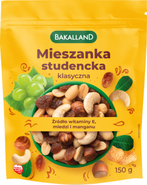 Żółta torebka Bakalland Mieszanka studencka klasyczna 150g, z miską orzechów laskowych, nerkowców i rodzynek.
