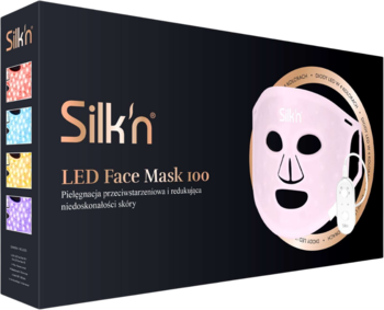 Czarne pudełko Silk'n LED Face Mask 100 z wizerunkiem różowej maski i kolorowych trybów LED, ujęcie ukośne.