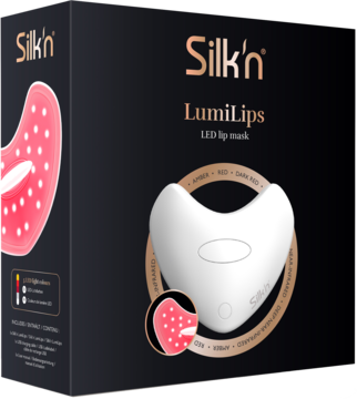 Czarne pudełko Silkn LumiLips LED, biała maska do ust z różowym wnętrzem, widok pod kątem, dla pełniejszych ust.