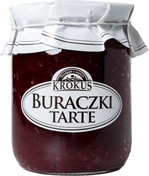 KROKUS Buraczki Tarte bez octu, w szklanym słoiku z białą papierową przykrywką, widok z przodu.