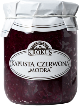 Słoik Kapusty Czerwonej 'Modra' Krokus, z białym wieczkiem, zawiera jędrną, ciemnoczerwoną kapustę, widok z przodu.