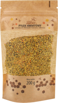 Pyłek kwiatowy Bartnik 200g w brązowej torebce stojącej z okienkiem, przez które widać żółte granulki.