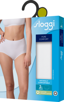 Białe majtki Sloggi Pure Comfort Maxi z organicznej bawełny, 2 sztuki. Na zdjęciu modelka i pudełko.