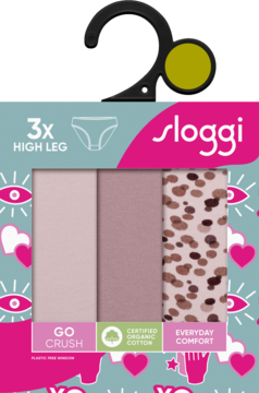 Zestaw 3 majtek Sloggi high leg: 2 w odcieniach różu, 1 w panterkę, z bio bawełny, w opakowaniu z wieszakiem.
