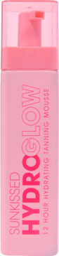 Różowa butelka Sunkissed Hydroglow 12 Hour Hydrating Tanning Mousse z pompką, widok z przodu.