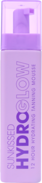 Jasnofioletowy Sunkissed Hydroglow 12 Hour Hydrating Tanning Mousse w butelce z pompką, widok z przodu.