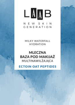 AA Laab Milky Waterfall Hydration baza pod makijaż, Ectoin Oat Peptides, multinawilżająca, na błękitnym tle.