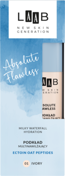 LAAB Absolute Flawless, nawilżający podkład 01 Ivory, z Ectoin Oat Peptides, butelka na błękitnym tle.
