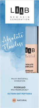Podkład LAAB Absolute Flawless 03 Natural, z ektoiną i peptydami owsa, na niebieskim plakacie reklamowym.