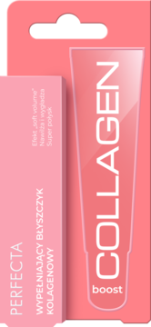 Różowy, wypełniający błyszczyk Perfecta Collagen Boost w kartoniku z zawieszką. Widok z przodu. Efekt soft volume.
