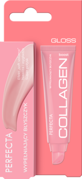 Różowy, wypełniający błyszczyk Perfecta Collagen Boost w tubce z aplikatorem, w opakowaniu typu blister.