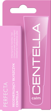 Perfecta Centella Calm, regenerujący błyszczyk do ust w różowym kartoniku z widoczną tubką.