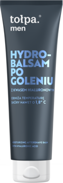 Tołpa men Hydro-Balsam po Goleniu, chłodzący balsam z kwasem hialuronowym, w ciemnej tubce, widok z przodu.