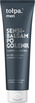 Tołpa Men Sensi-Balsam Po Goleniu w ciemnoszarej tubie z Centella Asiatica, widok z przodu.