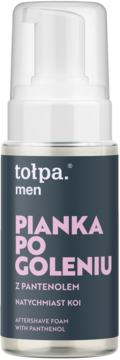 tołpa. men Pianka po goleniu z pantenolem w ciemnej butelce z białą pompką, widok z przodu, różowy napis.