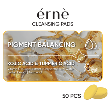 érnè pigment balancing cleansing pads, 50 sztuk, z kojic & turmeric acid, pomarańczowe opakowanie, żółte płatki.
