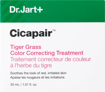 Dr.Jart+ Cicapair Tiger Grass Color Correcting Treatment, białe pudełko z zielonym górnym pasem, widok z przodu.