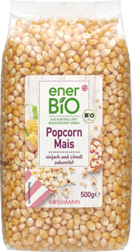 EnerBIO Popcorn Mais 500g, ziarna kukurydzy w przezroczystej torbie z etykietą, proste i szybkie w przygotowaniu.