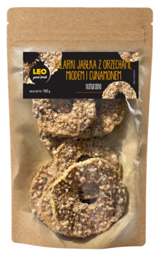 Suszone talarki jabłka LEO z orzechami, miodem i cynamonem w brązowej paczce, widok z przodu.