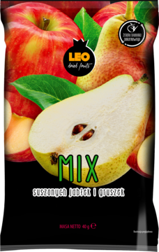 Czarna torebka LEO suszonych owoców MIX jabłek i gruszek z obrazem owoców, widok z przodu.