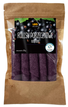 Brązowa torebka LEO FOOD z przezroczystym okienkiem ukazuje ciemnofioletowe, naturalne rollsy porzeczkowe.