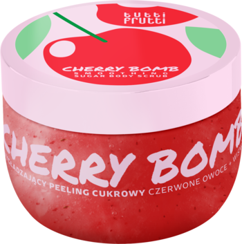 Czerwony peeling cukrowy Tutti Frutti Cherry Bomb w okrągłym słoiku, widok z boku z białą nakrętką i wiśniami.