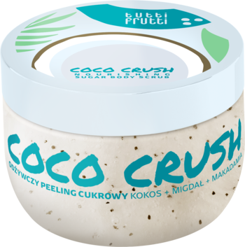 Tutti Frutti Coco Crush peeling cukrowy kokos i migdał w białym słoiku z zielonymi liśćmi, widok pod kątem.