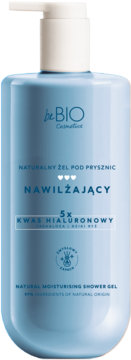 Jasnoniebieski żel pod prysznic beBIO Nawilżający 5x Kwas Hialuronowy, butelka z białą pompką, widok z przodu.