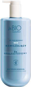 beBIO Nawilżający żel pod prysznic 5x kwas hialuronowy w błękitnej butelce z pompką, widok z przodu.