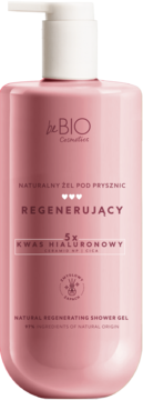 Różowy naturalny żel pod prysznic be BIO z pompką, regenerujący, 5x kwas hialuronowy, widok z przodu.