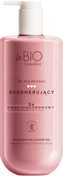 beBIO Cosmetics różowy żel pod prysznic regenerujący z 5x kwasem hialuronowym, butelka z pompką, widok z przodu.