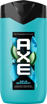 Premium żel pod prysznic Axe Aqua Bergamot 225ml, turkusowa butelka, logo na tle kropel wody i bergamotki.