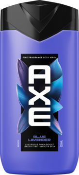 Premium żel Axe Blue Lavender w fioletowej butelce 225ml, widok z przodu, czarna nakrętka i design piór.
