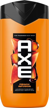 Pomarańczowy żel pod prysznic Axe Fine Fragrance Peach Infusion, z białym logo i owocami, widok z przodu.