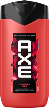 Czerwony żel Axe Cherry Fizz 225ml, widok z przodu, czarny korek, białe logo z wiśniowymi detalami.