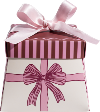 Eleganckie biało-różowe pudełko prezentowe z brązowymi paskami i dużą, satynową kokardą na wieczku, widok z przodu.