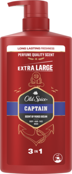Czerwony żel Old Spice Captain 3w1, 800ml, butelka z pompką, widok z przodu. Etykieta: Scent of Fierce Ocean, duża kotwica.
